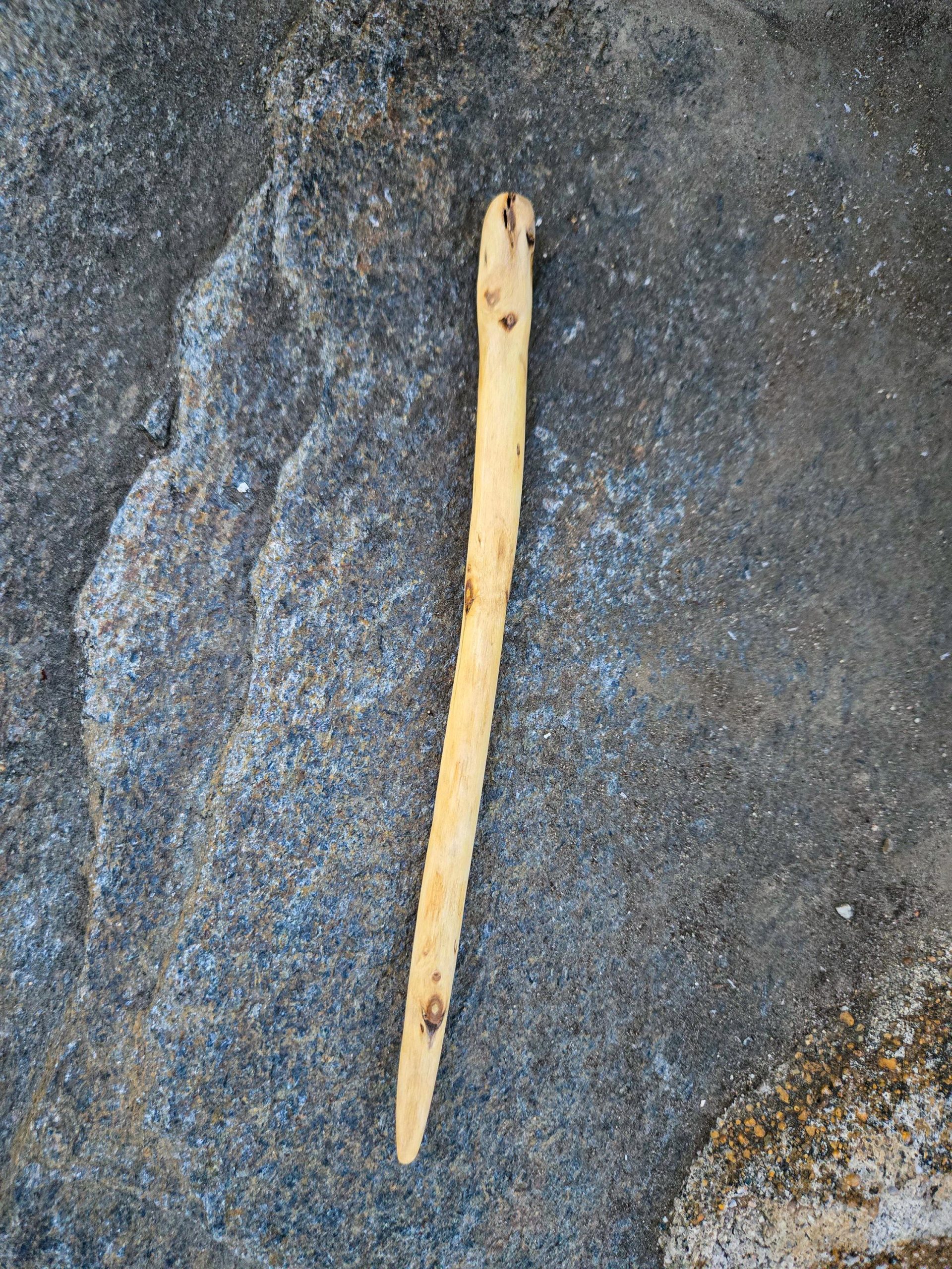 Side view of hand-sanded cottonwood hair fork with organic branch character — cottagecore hair tool.